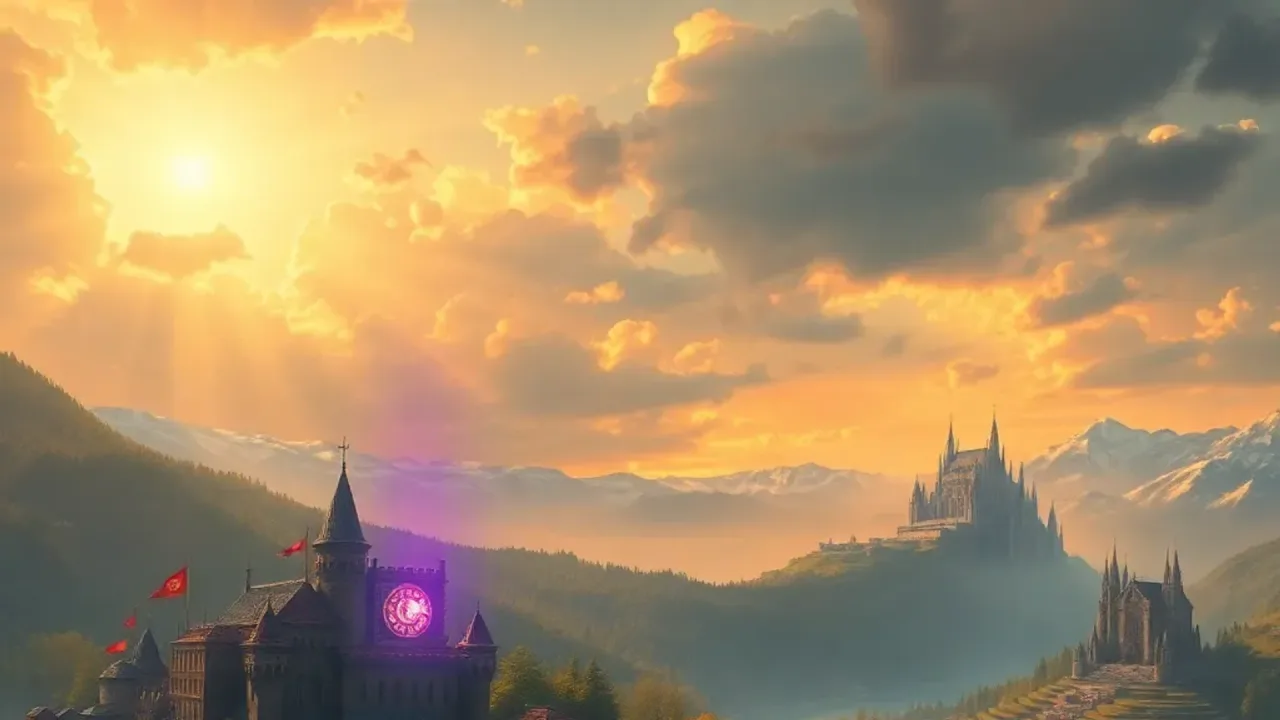 A walled capital, a cathedral and an arcane portal over a fantasy valley at dusk